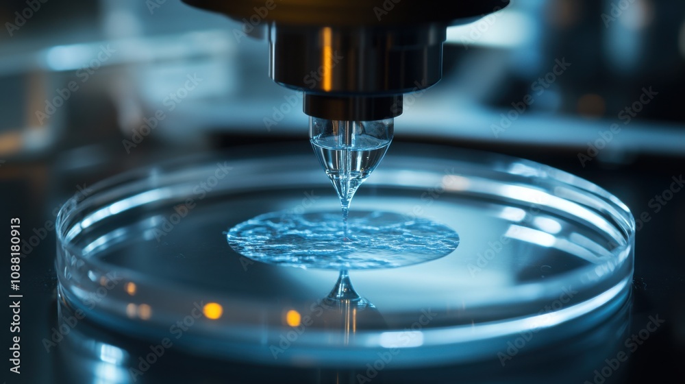 Poster A macro shot of a 3D bioprinter depositing layers of bioink to create tissue constructs for medical research, Bioprinting technology style, photo of
