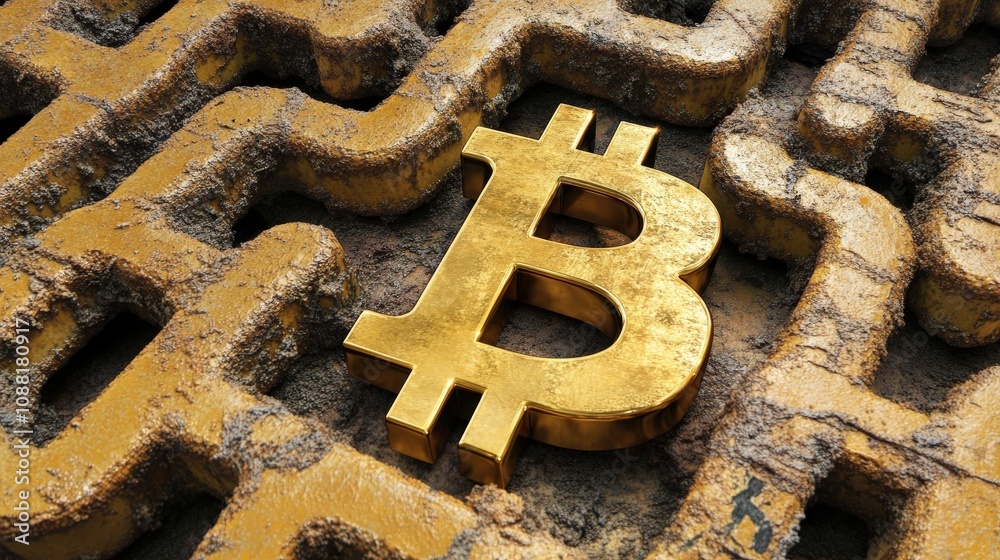 Poster a golden bitcoin symbol emerging from a maze of blockchain chains, showing how digital currency reli