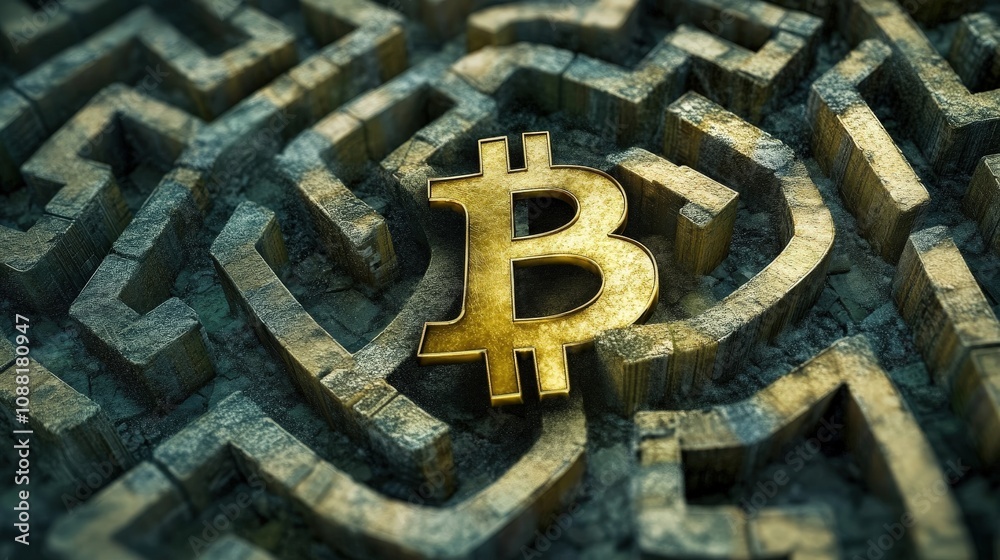 Poster a golden bitcoin symbol emerging from a maze of blockchain chains, showing how digital currency reli