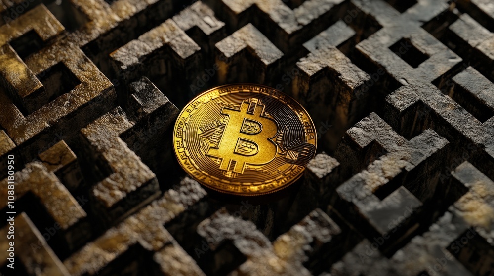 Poster a golden bitcoin symbol emerging from a maze of blockchain chains, showing how digital currency reli