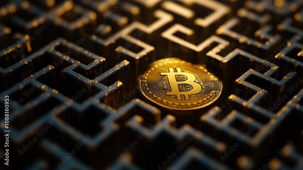 Poster a golden bitcoin symbol emerging from a maze of blockchain chains, showing how digital currency reli