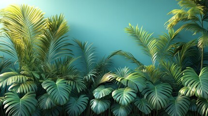 Lush green tropical plants against a teal background.