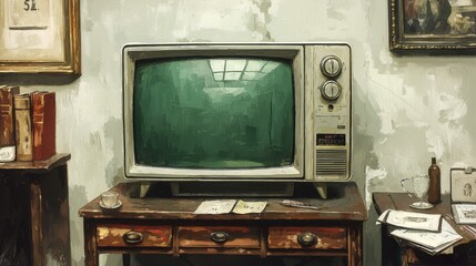 Vintage Television Set on Antique Wooden Desk Retro Home Interior Still Life