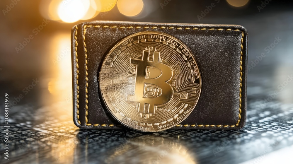Poster a high-tech bitcoin wallet concept with a 3d bitcoin logo, secure digital encryption, and transparen