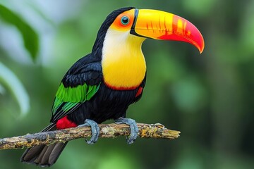 Obraz premium Vibrant Keel billed Toucan Perched on Branch in Lush Rainforest