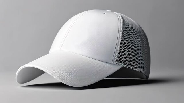 A white baseball cap with a mesh design sits on a gray surface. The hat is empty and has a clean, minimalist appearance