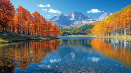 Obraz premium Autumnal Lake Reflection Majestic Mountain Colorful Trees