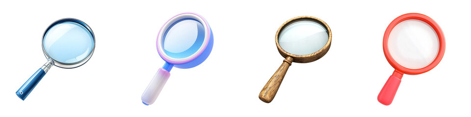 Set of a magnifying glass icon with a slight 3D effect, isolated on a transparent background.