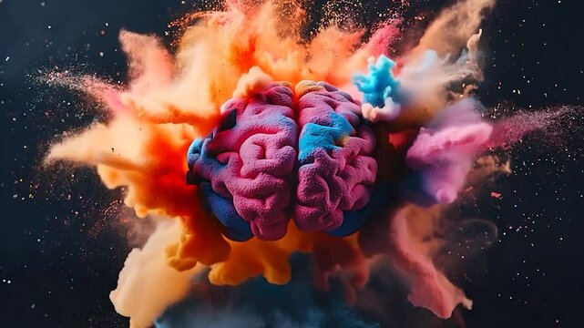 Human brain explodes with splashes of colorful particles. Represents creativity, innovation, and ideas for art and knowledge 
