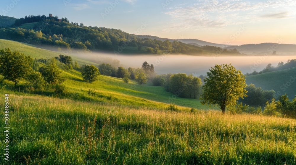 Poster gentle sunlight breaks through morning mist, illuminating green fields and trees in a tranquil count