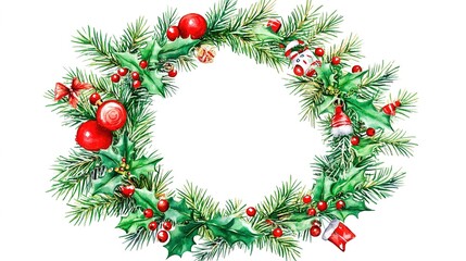 A festive winter layout featuring elements like a New Year's wreath, Christmas tree, holly berries, pine branches, and Christmas tree toys, all captured in watercolor style. 