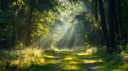 Obraz premium Sunbeams in Forest Path