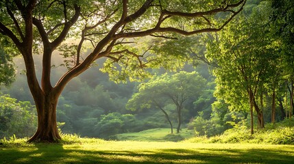 Obraz premium Sunlit Green Forest Landscape