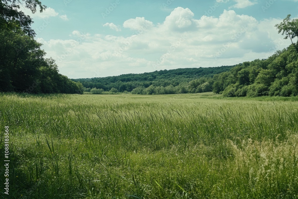 Aufkleber explore the expansive green meadow where tall grasses and soybeans thrive under a bright sky, creati