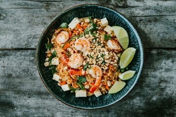 Colorful Pad Thai with Fresh Shrimp and Lime Wedges