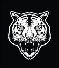 Evil tiger head. Original vector illustration in vintage style. T-shirt design.