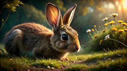 Fototapeta premium Serene Brown Rabbit Among Colorful Wildflowers During Golden Hour