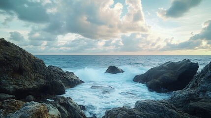 Obraz premium Ocean Waves Crashing on Rocky Coastline at Sunset
