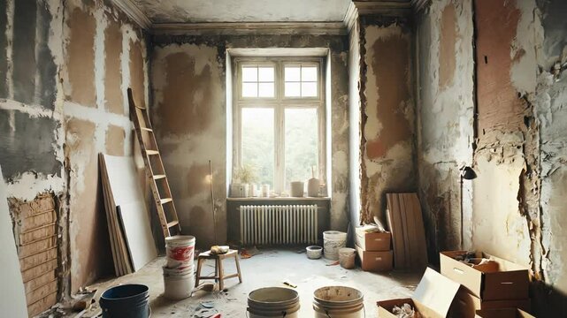 Room under renovation with exposed plaster and tools