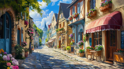 Fototapeta premium Rustic European street with cobblestones, vintage cafés, and colorful flowers in window boxes.