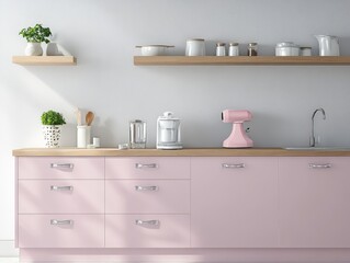 Modern Pink Kitchen Countertop With Appliances And Decor