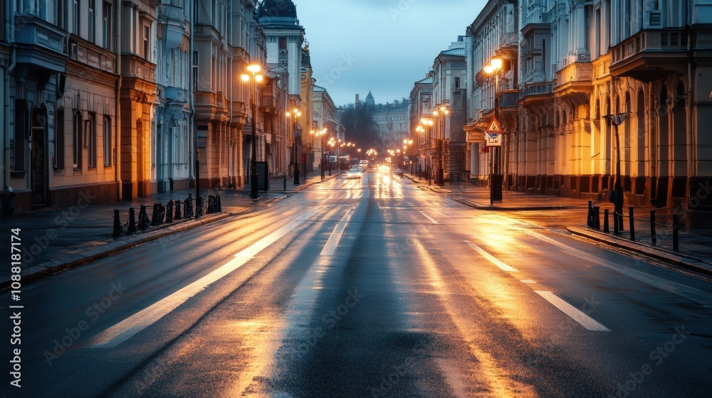 Aufkleber a quiet city street glows as blurred car lights pass by, illuminating the wet pavement on a cool eve