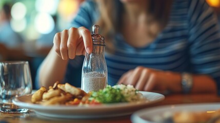 97.In a cozy restaurant, a woman dressed in casual attire makes a subtle but clear gesture with her hand, declining the offer of a salt and pepper shaker from the server. The table is set with