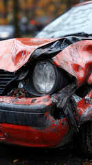 Damaged car with bent hood and broken headlight, showcasing wear