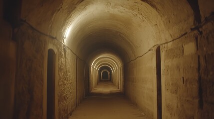Naklejka premium Dark, arched tunnel interior with dimly lit walls and floor.