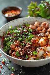 Fototapeta premium A vibrant bowl of flavorful seafood with herbs and vegetables, garnished with sesame seeds and spicy sauce, showcasing a delicious culinary creation.