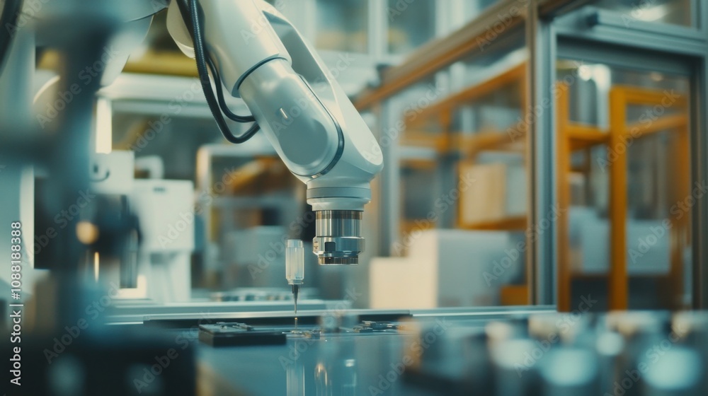Aufkleber A robot conducting quality control in a high-tech factory, modern and automated manufacturing setting with precision instruments, Manufacturing Robotics style