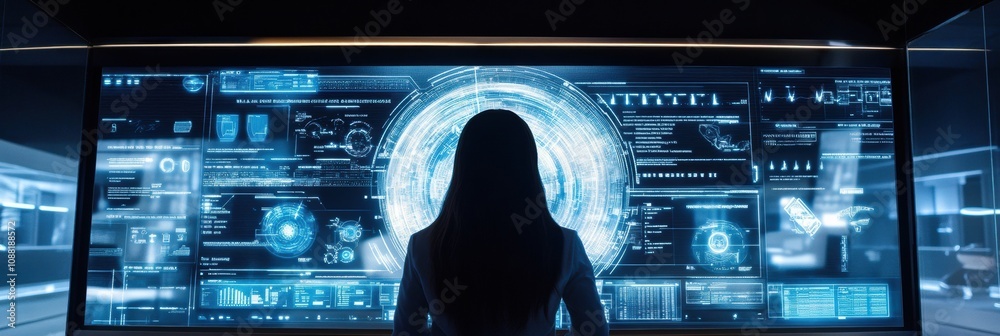 Aufkleber a person interacts with a high-tech mirror that evaluates hair condition and suggests personalized t