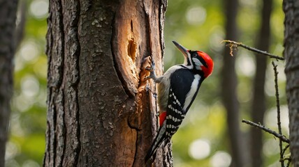 Woodpecker forages on a tree trunk in a lush forest during daylight hours