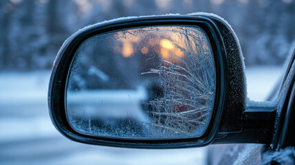 Frosted side mirror reflecting winter scenery with warm glow