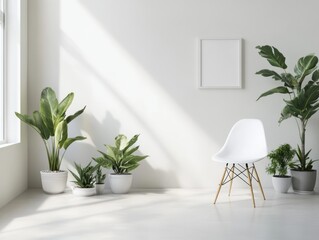 Fototapeta premium Minimalist White Room Decor With Plants And Chair