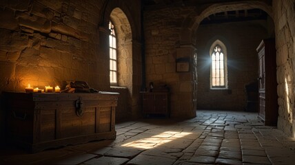 Fototapeta premium Candlelit Stone Room with Antique Chest