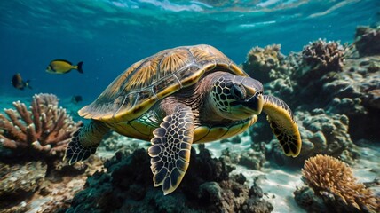 Obraz premium Sea turtle gliding through vibrant coral reef in crystal clear waters