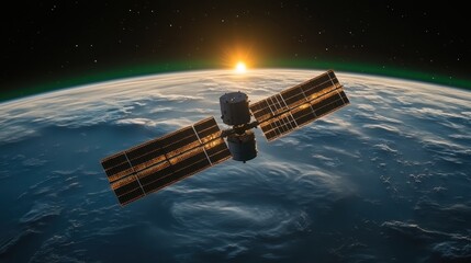 Obraz premium A stunning view of a satellite orbiting Earth, capturing a sunrise above the horizon, showcasing the beauty of space and technology.