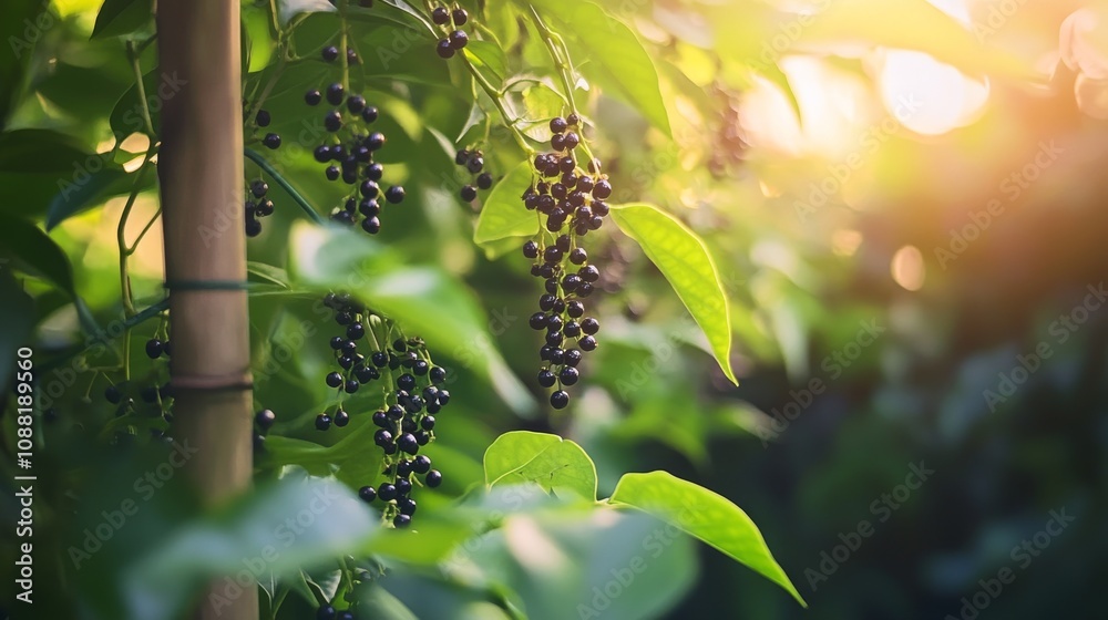 Wall mural 33.A rich, green garden scene with black pepper vines climbing up sturdy wooden stakes. The peppercorns hang in small, tight clusters, nestled among vibrant, glossy leaves, while soft sunlight