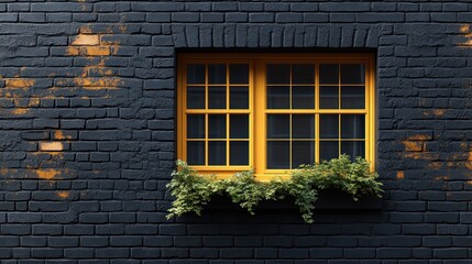 A vibrant yellow window on a dark brick wall with greenery.
