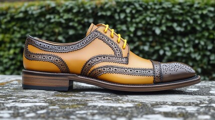 Naklejka premium Tan and brown leather brogue shoe with yellow laces on stone.