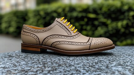 Beige brogue shoe with yellow laces on stone.
