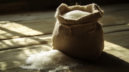 88.A small, burlap sack filled to the brim with pure sugar, positioned on a simple wooden table. The sack is slightly wrinkled, and fine sugar granules have spilled out onto the surface, creating a