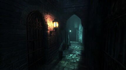 Obraz premium Dark, gothic alleyway with stone walls, arched entryway, and lantern.