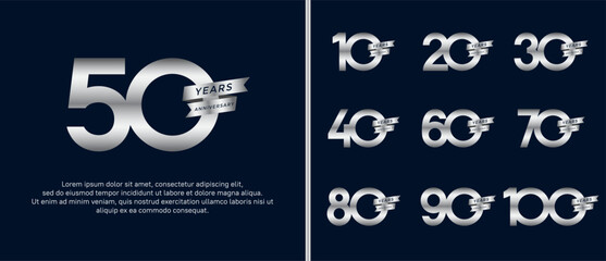 set of anniversary logo flat silver color with ribbon for celebration moment