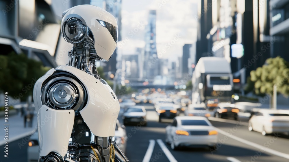 Poster A robot managing traffic in a futuristic smart city, clean and organized urban setting with advanced traffic systems, Urban Management Robotics style