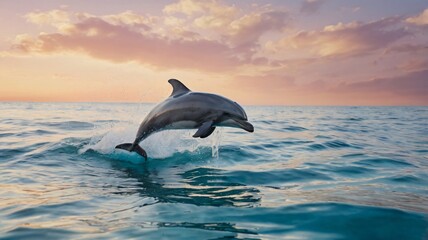 Dolphin leaps gracefully above the ocean surface during sunset, showcasing its agility and beauty in the warm glow