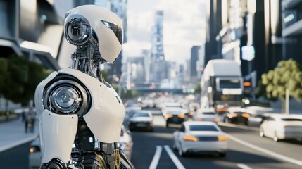 A robot managing traffic in a futuristic smart city, clean and organized urban setting with advanced traffic systems, Urban Management Robotics style