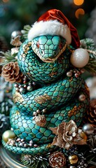 Green Snake With Golden Stripes Wears Santa Hat On Composition With Christmas Decoration.
