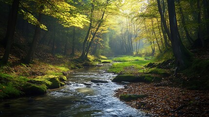 Obraz premium Autumn forest stream, sunlight, nature scene